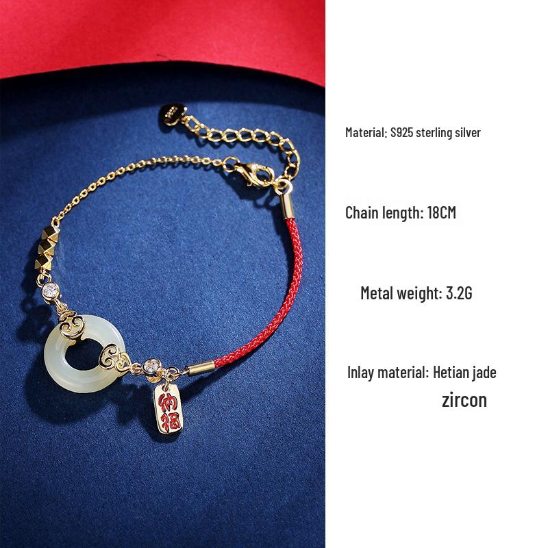 National Trend Hetian Jade Gourd Bracelet with S925 Sterling Silver Chinese Peace Blessing, Ancient Style Red Rope Jewelry