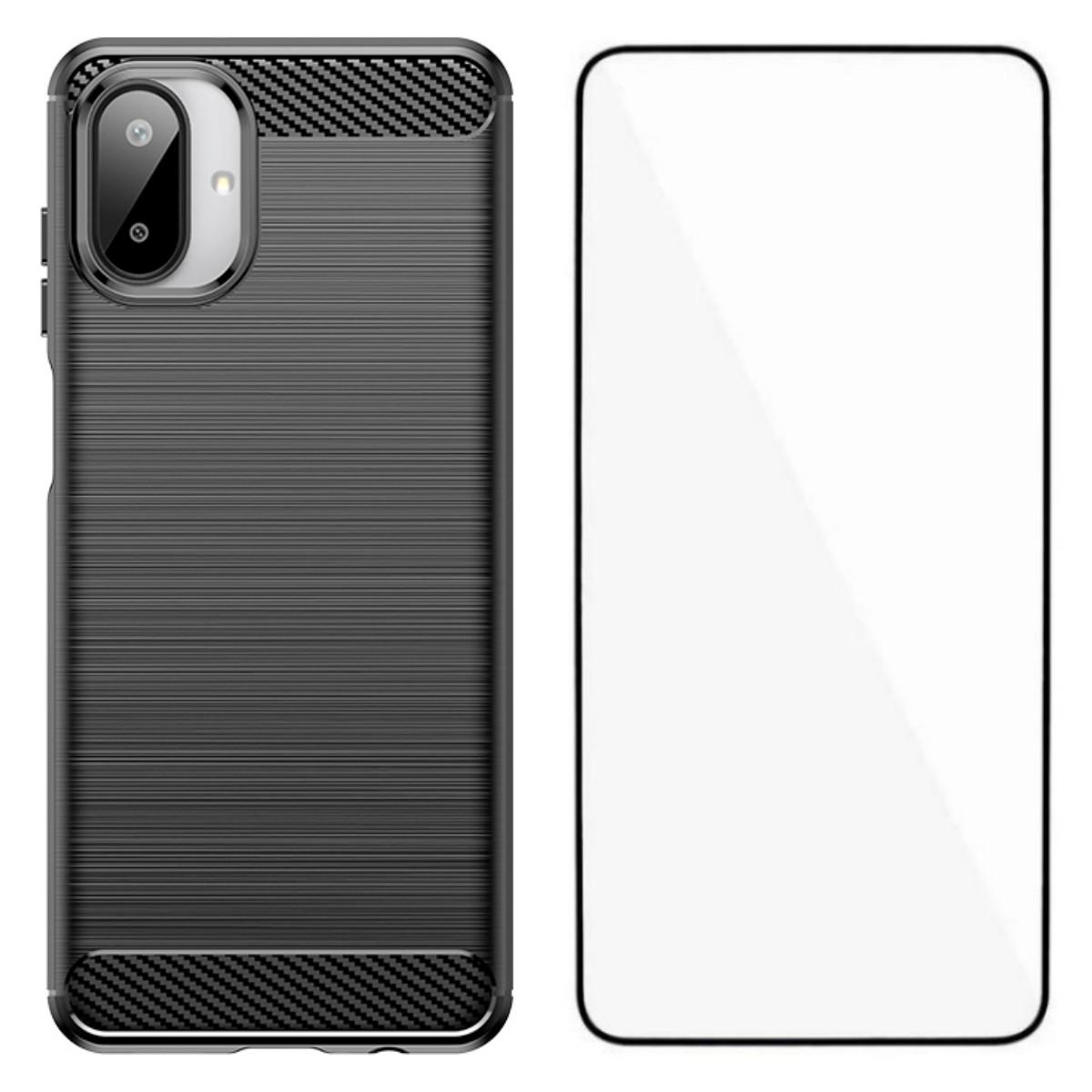 

For Samsung Galaxy A07 Case with Screen Film WANLONFENG LS Series Big Lens Hole Brushed Texture TPU Phone Cover Black