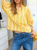 Womens Summer Striped Puff Sleeve Babydoll Blouse V Neck Loose Fit Top