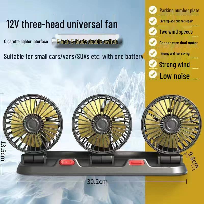 Powerful Silent 3-Head USB Car Fan, 24V for Trucks, 12V for Vans
