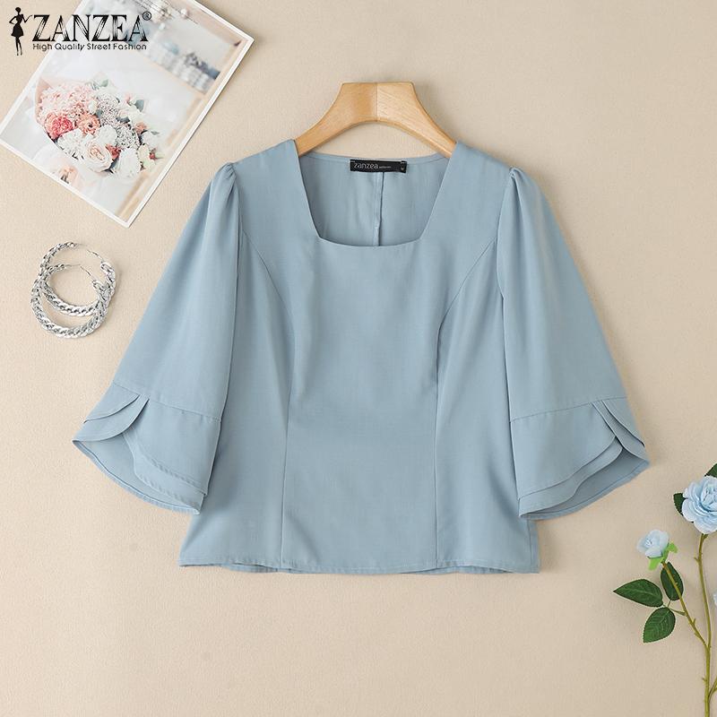 ZANZEA Women Summer Square Collar Casual Solid Color 3/4 Sleeve Blouse