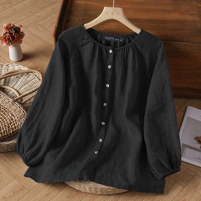 ZANZEA Women Casual Round Neck Solid Color Loose Long Sleeve Blouse