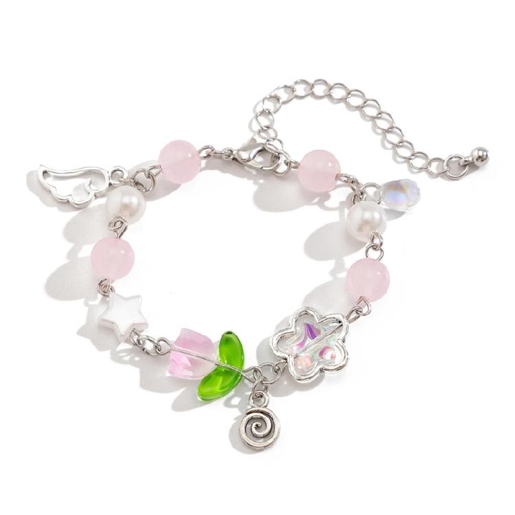 Handmade Tassels Bracelet with Delicate Flower Pendant Elegant Beaded Handchain Adjustable Length Wristband Accessory