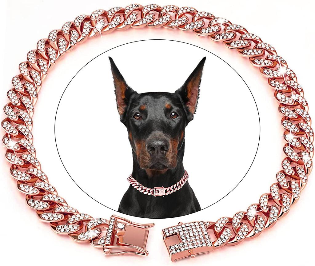Fashion Jewelry Accessories Luxury Gold Cuban Chain Necklace Rhinestone Dog Collar For Small Medium Large Dogs French Bulldog