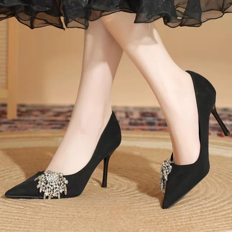 Fashion Rhinestone Flower Stiletto Shoes Autumn New Style Pointed Suede Slip-on Non-slip Wear-resistant High Heels