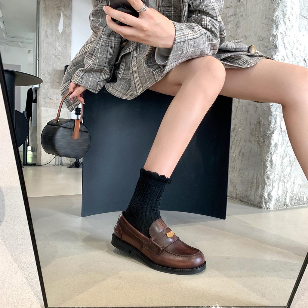 ~ Cowhide Version~ Miu Small Leather Shoes Women's Genuine Leather Retro Gold Coins One Pedal