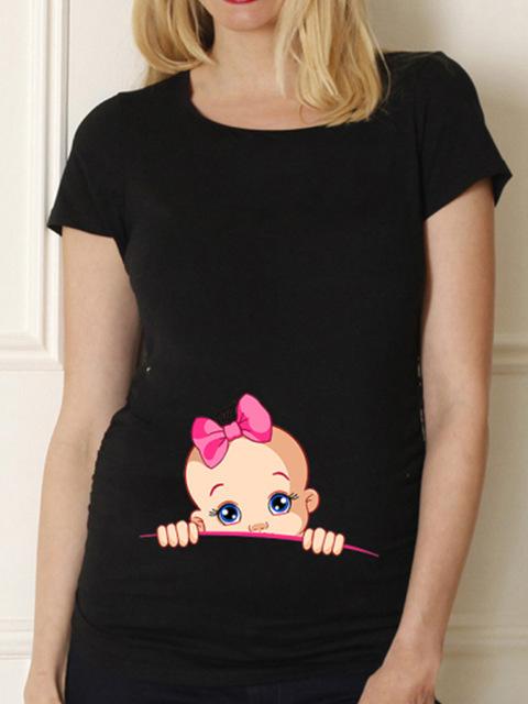 Black Pregnancy Women Unisex T-Shirt Maternity Cute Baby Print O-Neck Short Sleeve