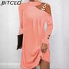 BITCED Women's Fashion Spring Autumn Solid Color Print Long Sleeve High Waist Casual Dresses
