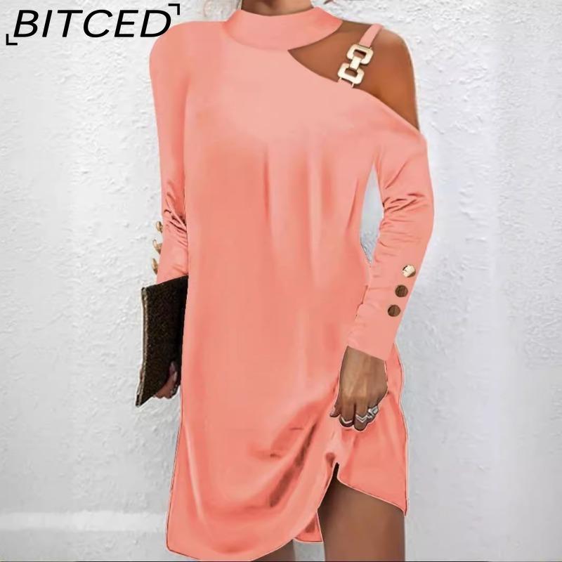 BITCED Women's Fashion Spring Autumn Solid Color Print Long Sleeve High Waist Casual Dresses