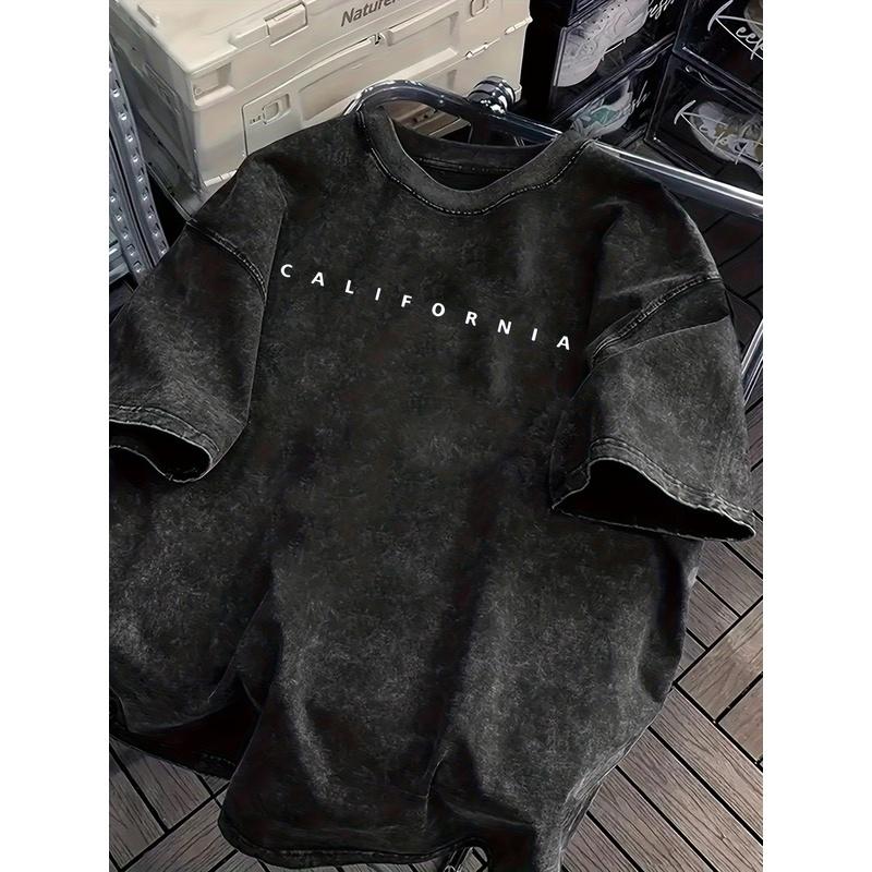 California Letter Print Summer Men'S Trendy Drop Shoulder High-Quality Thick Oversized Vintage Washed Pure Crew Neck T-Shirt Street Style Loose