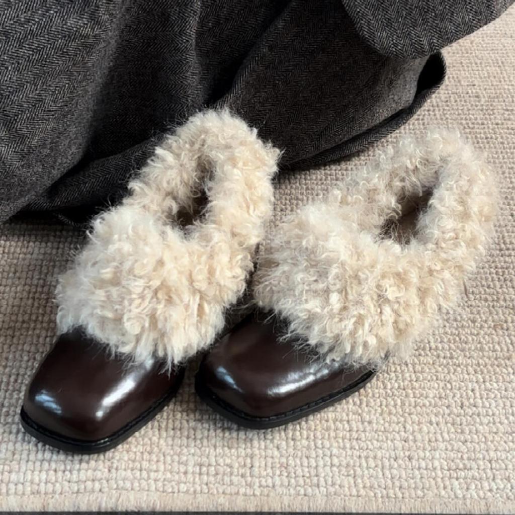 Thick Heel Retro Fluffy Shoes Women's Head Pedal Single Shoes Winter Plush Warm Small Leather Shoes
