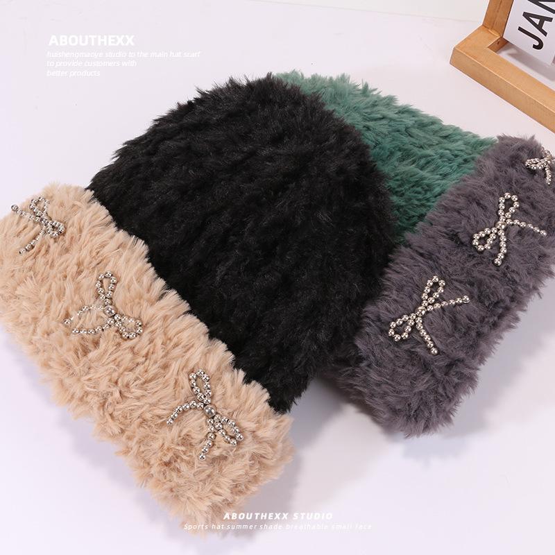 Autumn and Winter Warm Plush Hat for Women with Bow Knitted Hat Outdoor Cold Color Proof Pullover Hat Ear Protection Korean Cold Hat