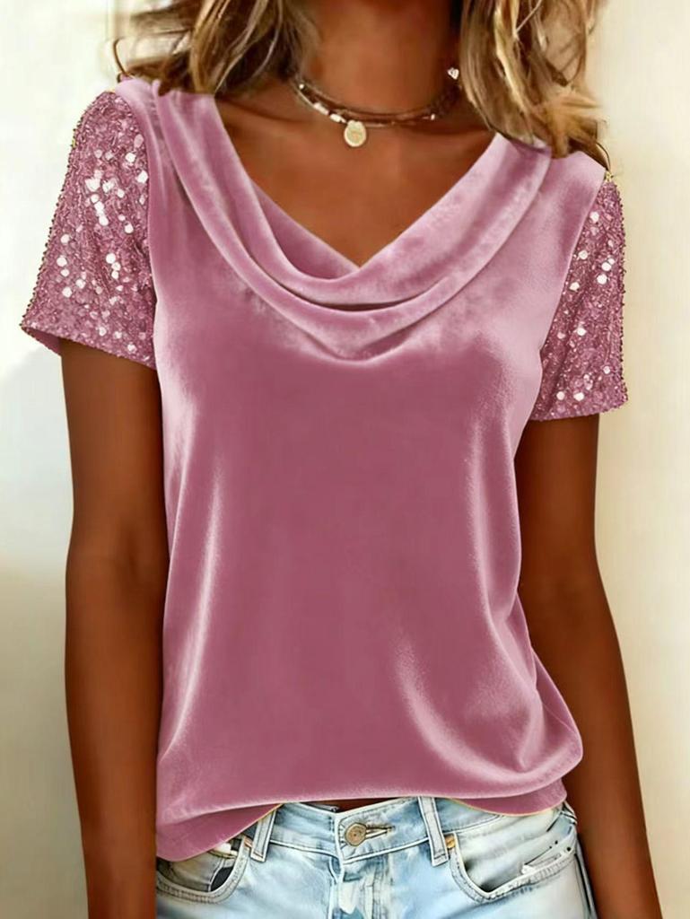 2026 European & American Velvet High-Neck Sequin Patchwork Short-Sleeve Women's Fashion Top