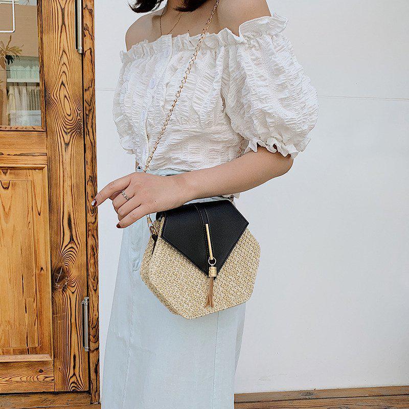 Trendy Woven Hexagonal Shoulder Crossbody Bag – Solid Color with Tassel Chain