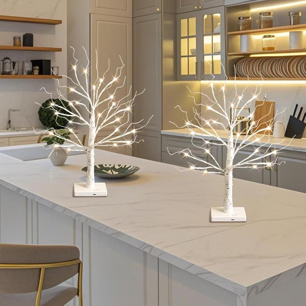 White Birch Tree with LED Lights, Lighted Birch Tree for Tabletop, USB/Battery Operated 24 LED Warm White Tree, 2FT Mini Christmas Tree Decor for
