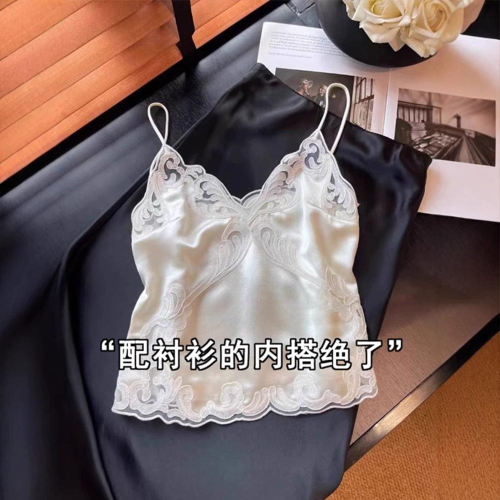 Women White Lace Trim Camisole Vest Thin Micro Elastic High Waist Elegant Sleeveless Top Spring Summer Inner & Outer Wear