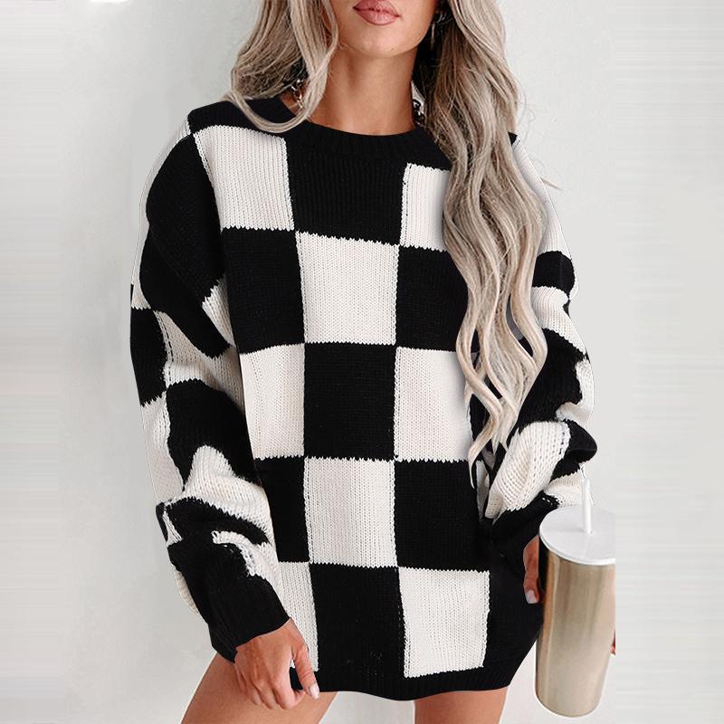

ZANZEA Женский свитер с длинным рукавом, клетчатый, повседневный, вязаный джемпер, пуловер 3XL чёрный