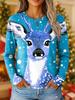 2025 Women's Vintage Reindeer Print Long Sleeve, Christmas Party Crew Neck, Holiday Gift Top, Fall Winter Festive Style
