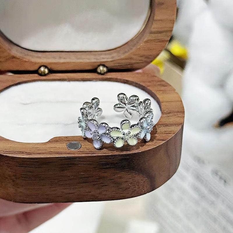 Burnt Blue Enamel Dopamine Flower Butterfly Open Ring Niche High Sense Stacking Wearing Temperament Fashion Index Finger Ring Women