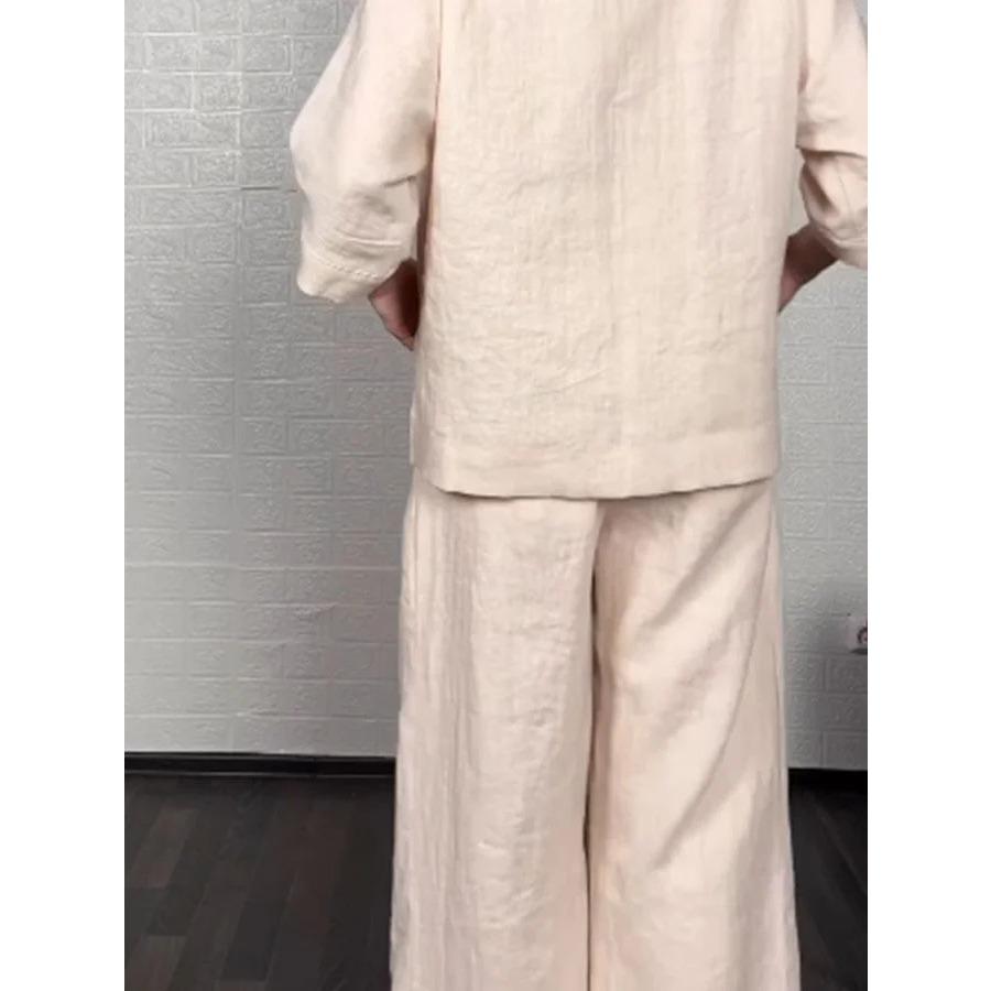 Women's Fashionable Comfortable and Casual Solid-Colour Plus-Size Asymmetrical Cotton-Linen Trouser Set with Three-Quarter Sleeves