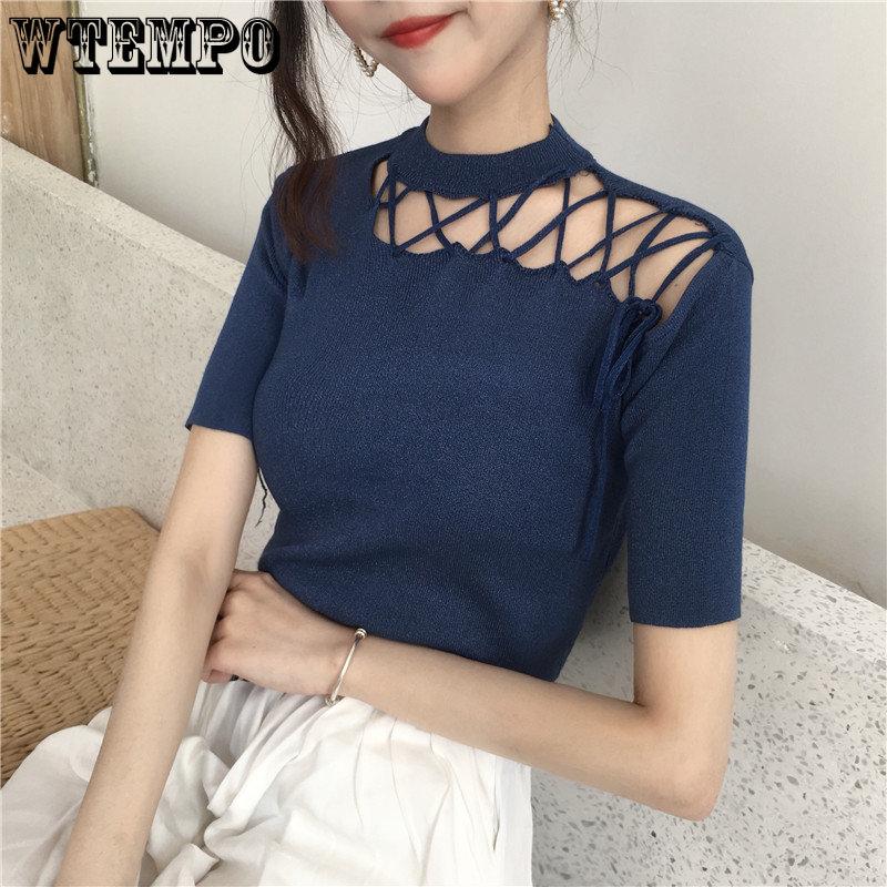 WTEMPO Koreanisch Chic Ausgeschnitten Schräge Schulter Kurzarm T-Shirts Damen Sommer Einfarbig Slim Fit Stricktops