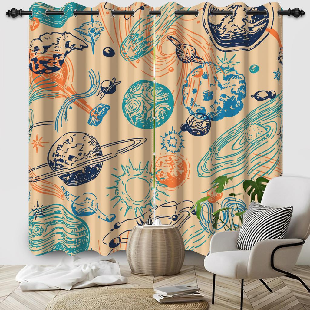 Cosmic Planet Curtains Cartoon Pattern Printed Window Polyester Thermal Insulated Home Interior Curtain Blackout