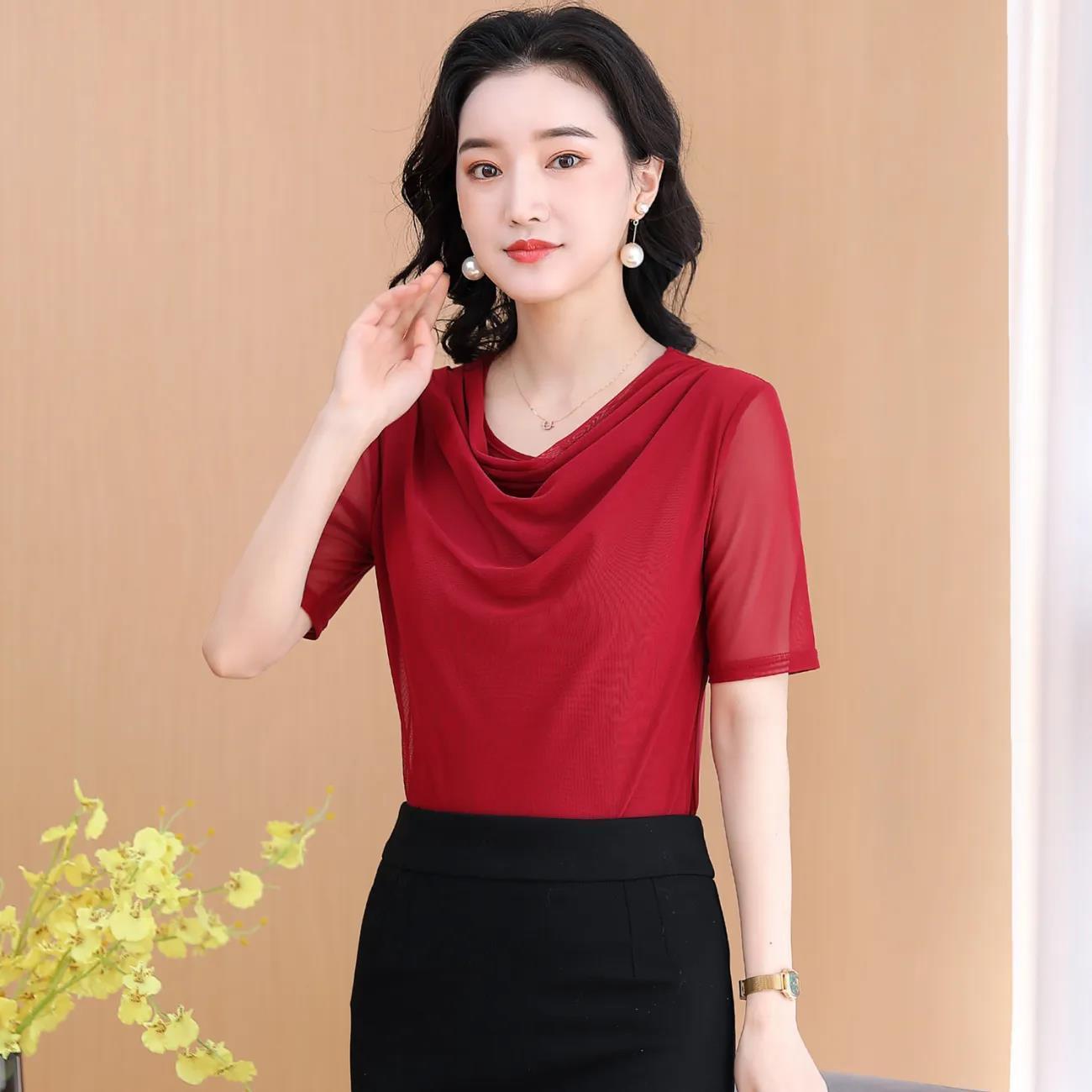 

Женская сетчатая круглая горловина, однотонный верх и низ, женская облегающая футболка с коротким рукавом и принтом темперамента 4XL красный