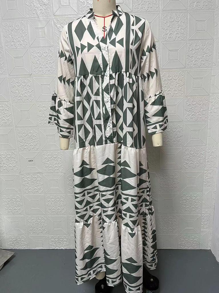 2026 Elegant European Plus Size Women's Printed Bohemian Shirt Dress