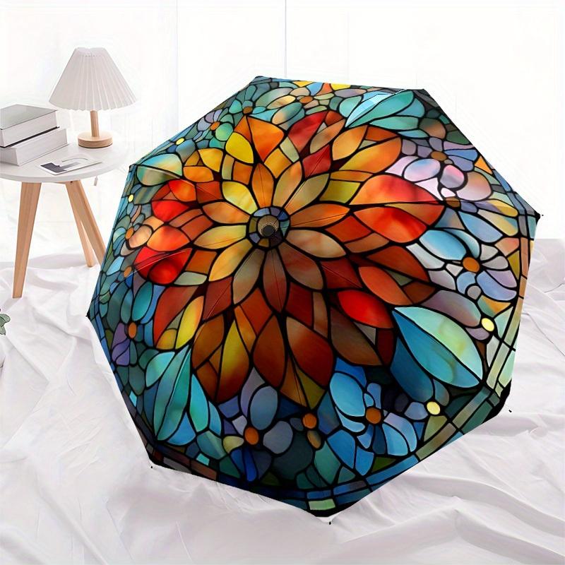 1pc Stained Glass Mandala Compact Travel Umbrella, Automatic Folding Lightweight Windproof 8-Bone Reinforced Design, Portable for Backpack D