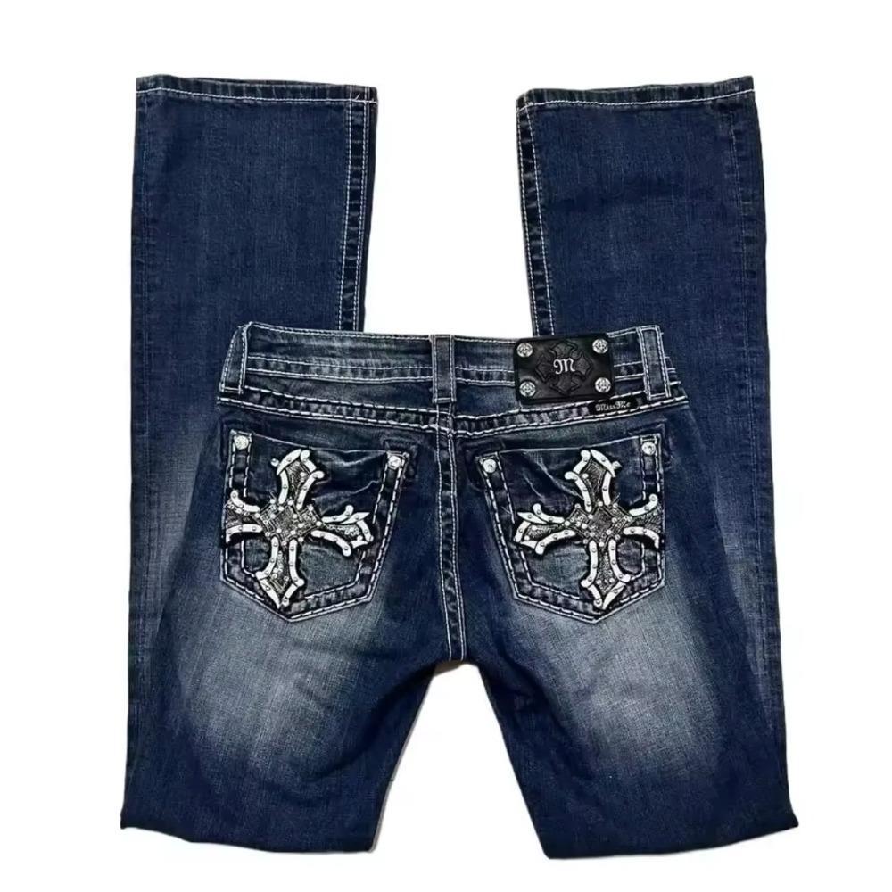 RogueWave Calça Jeans Flare Slim Retrô Americana Feminina Y2k Harajuku Gótico Vintage Bolso Bordado Azul Jeans Calça de Cintura Baixa Perna Larga