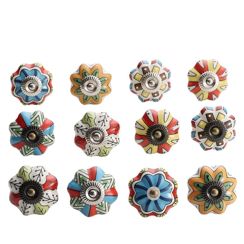 1PC Iron Material Vintage Cabinet Handle European Style Painted Pattern Exquisite Pumpkin Shape Home Decoration Multicolor