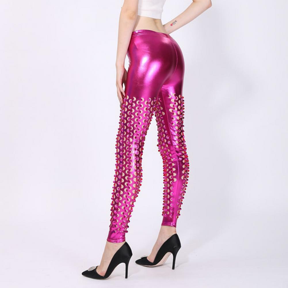 Frauen Skinny Pants Hohl Fischschuppen Shiny Metallic Einfarbig Elastische Taille Damen Rack Band Bühnen Performance Hose Disco