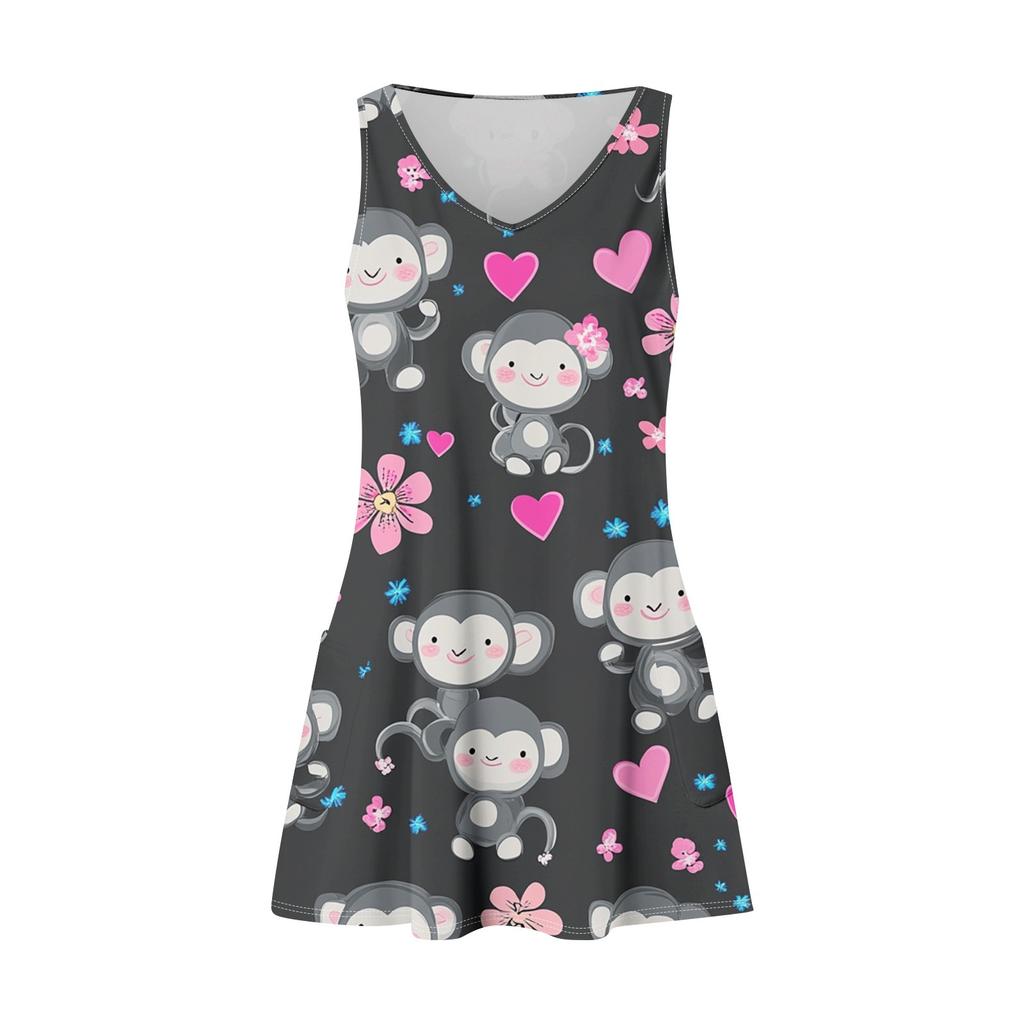 Damen Sommer Casual Locker Ärmellos Taschenkleid mit Blumendruck