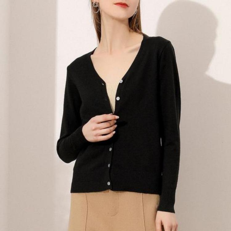 Women Long Sleeve V Neck Knitted Cardigan Solid Color Ribbed Trim Warm Sweater Coat Single Breasted