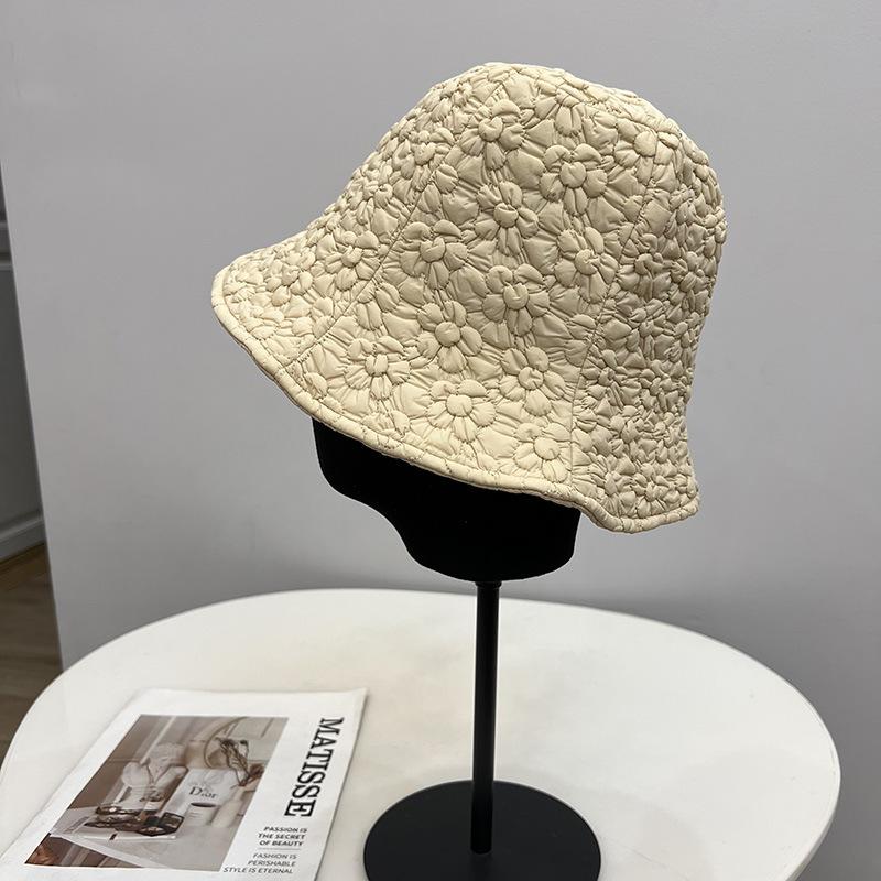 

Маленький цветок стеганая пуховая хлопковая легкая панама женская осенне-зимняя литературная теплая модная шляпа-ведро M（56-58cm） бежевый