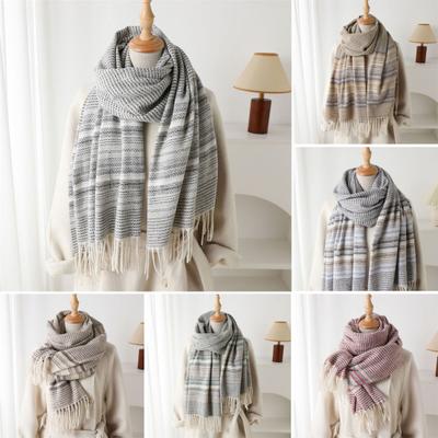 Women Scarf Striped Print Long Scarf Shawl With Tassel Trim