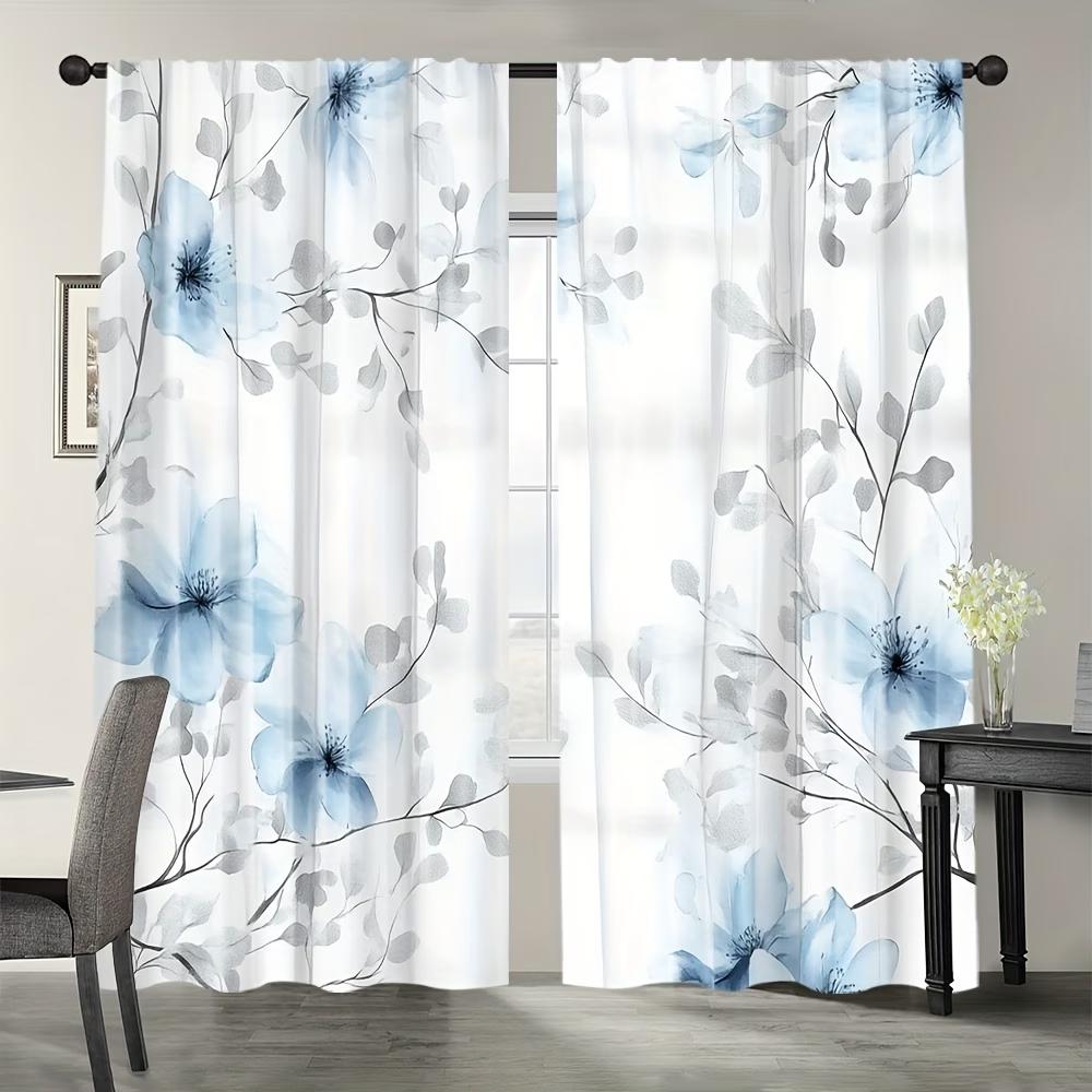 2PCS Digital Printed Curtains, Blue Flowers Gray Leaves Muted Botanical, Window Curtains for Living Room Bedroom Home Decoration