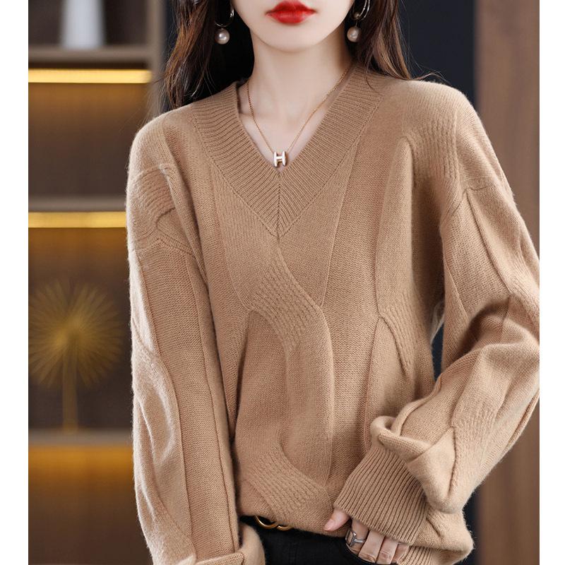 Women's V-Neck Cable Knit Cashmere Sweater - Loose, Thickened, Solid Color for Autumn/Winter