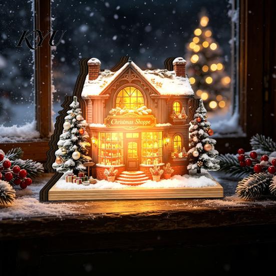 Forniture per Feste Stagionali Ornamento Casa Luminosa di Natale, Decorazione da Tavolo in Legno a LED per Ornamenti Artigianali Fai-da-te, Esposizione Villaggio Festivo, Illumina Festivo