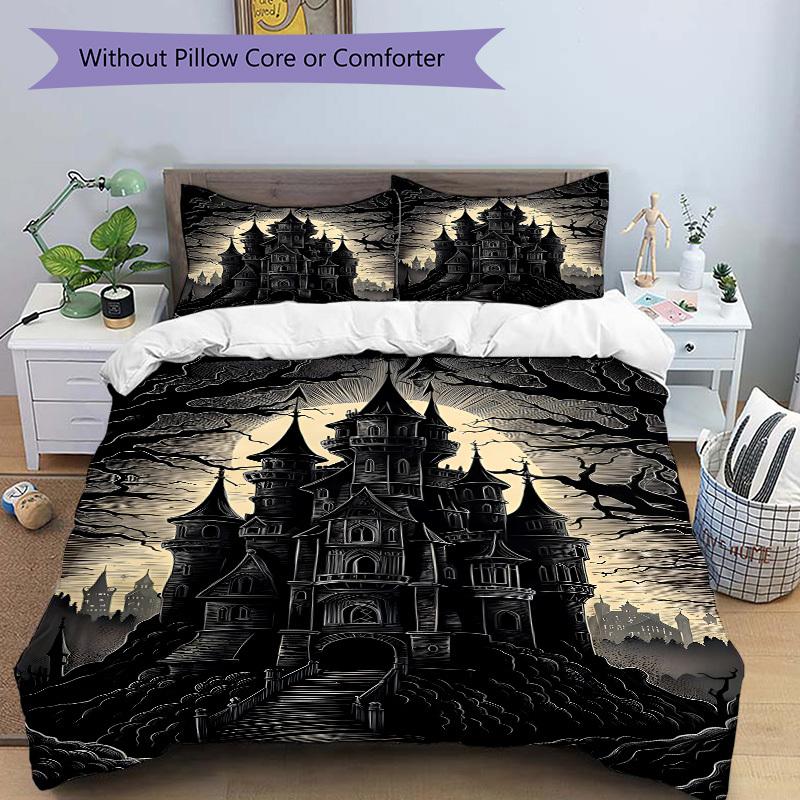 3pcs Castle Night Bedding Set, Includes 1 Comforter + 2 Pillowcases, Without Pillow Inserts, Soft Comfortable, Lightweight Breathable, Print