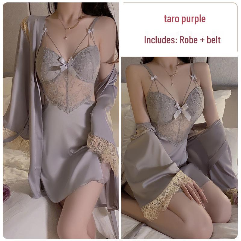 DZ Satin Lace Butterfly Decor Padded Underwire Backless Sexy Nightgown Robe Set 2044