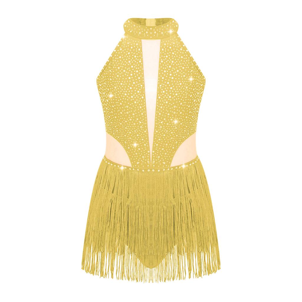 Girls Sparkly Performance Bodysuit Sleeveless Backless Style Rhinestone Fringe Detail Latin Dance