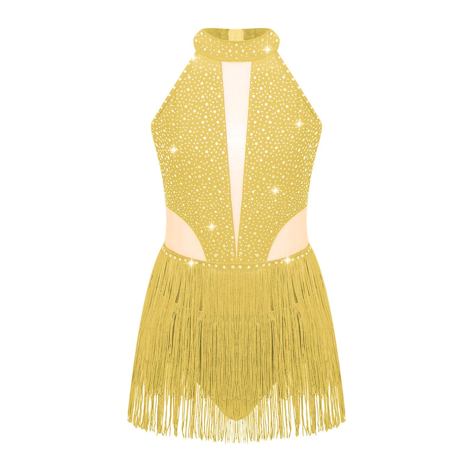 

Дівчачий блискучий боді для виступів без рукавів з відкритою спиною, оздоблений стразами та бахромою, для латиноамериканських танців 7-8 Years жовтий