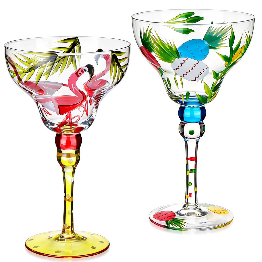 2 Pcs Mexican Hand Blown Margarita Glasses Colorful Martini Cocktail Glasses With Flamingo And Pineapple Pattern Tropical Drinki