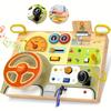 Wooden Busy Board with Simulated Steering Wheel,Sensory Toy for Youngsters with LED Light Switches, Music, Educational Travel Toy,Random Color