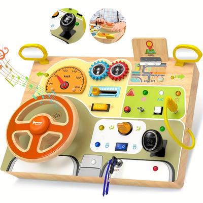 Wooden Busy Board with Simulated Steering Wheel,Sensory Toy for Youngsters with LED Light Switches, Music, Educational Travel Toy,Random Color