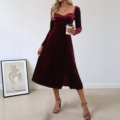 New Style Elegant Retro Style Slit Velvet Solid Color Square-neck Evening Dress