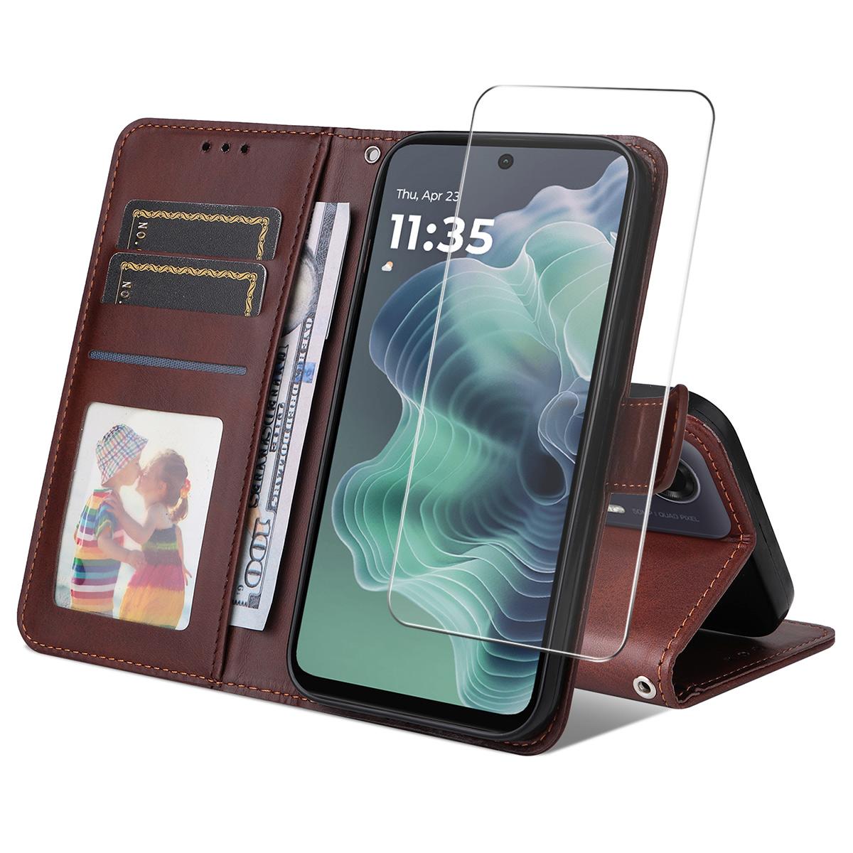 

For Motorola Moto G35 5G PU Leather Wallet Case ENKAY HAT PRINCE Phone Stand Cover with Tempered Glass Brown