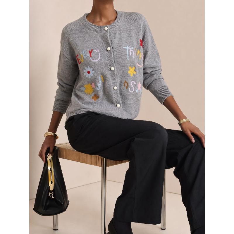 TIFICY Women's Fashion Casual Fall Winter Flower Pattern Print Long Sleeve O-Neck Sweaters