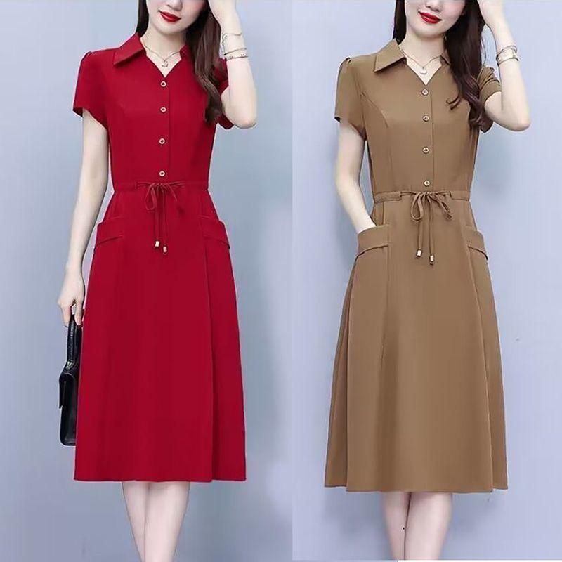 Women's Navy Blue Shirt Dress Short Sleeve Lapel Drawstring Waist Midi Dress with Pockets